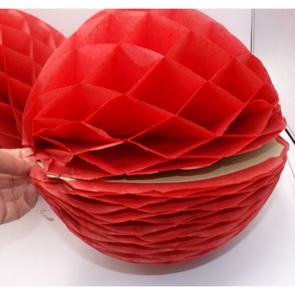 3 Vintage Large Valentine Christmas Red Red White Honeycomb Tissue Paper Balls - Picture 4 of 14